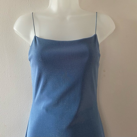 VINTAGE 90s Y2K BABY BLUE GLITTER OPEN BACK GOWN PROM DRESS W/ SIDE SLIT - Picture 2 of 9